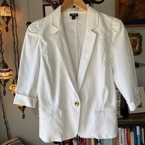 INC White Linen-Feel Blazer Jacket Puff Sleeve Minimal Tailored Layer